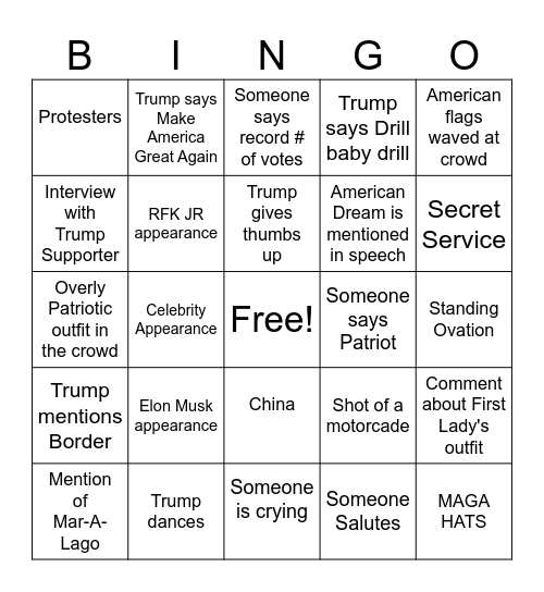 2025 Presidential Inauguration Bingo Card