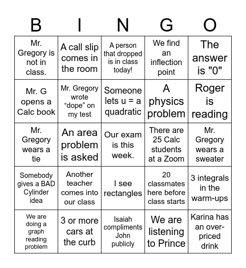 Calculus Bingo Card