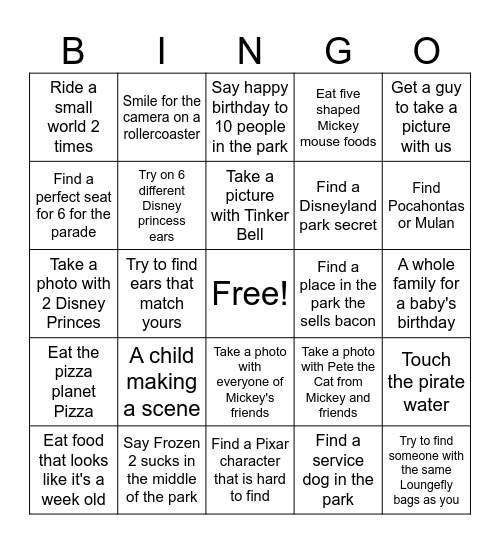 Disneyland Bingo Card