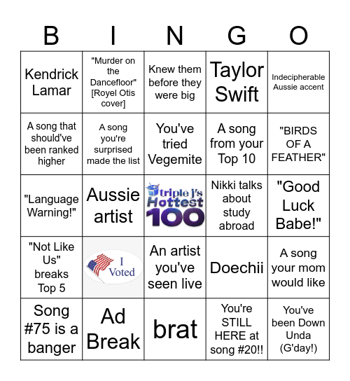 2024 TRIPLE J's HOTTEST 100 Bingo Card