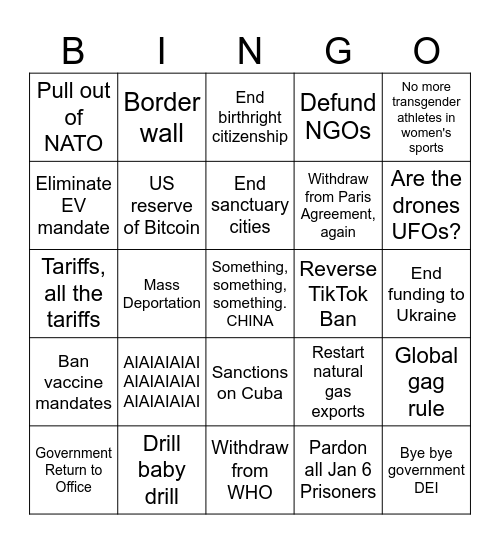 Trump 2025 Executive Order Bingo Card