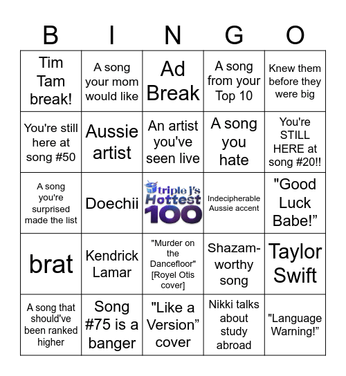 2024 Triple J's HOTTEST 100 Bingo Card