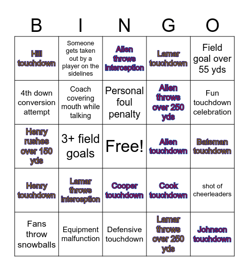 Bills VS Ravens Bingo Card
