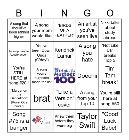 2024 TRIPLE J’s HOTTEST 100 Bingo Card