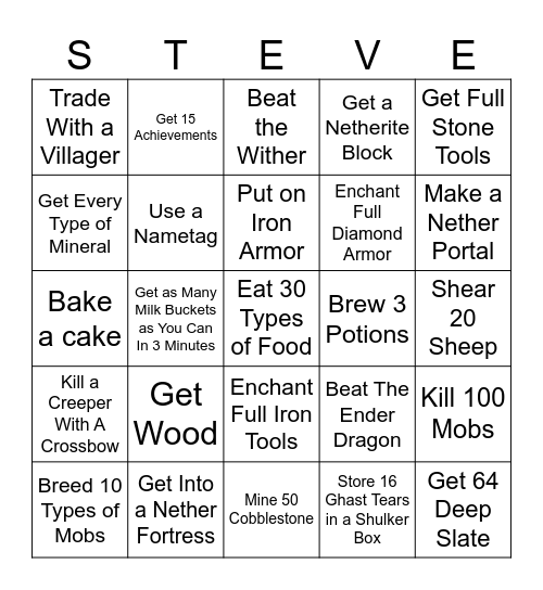 Minecraft BINGO! #Steve Bingo Card