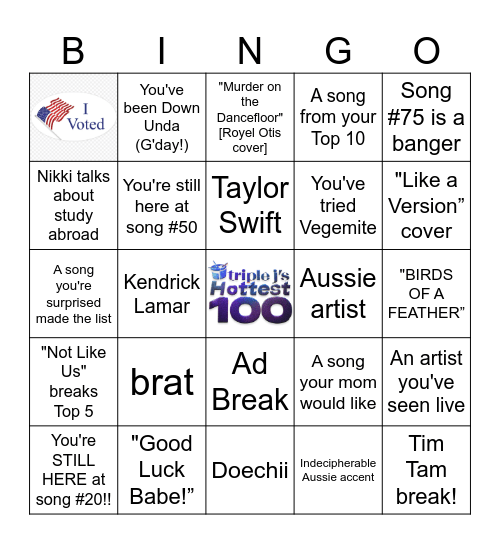 2024 TRIPLE J’s HOTTEST 100 Bingo Card