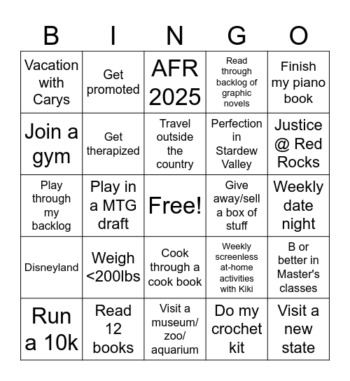 2025 Resolution Bingo Card