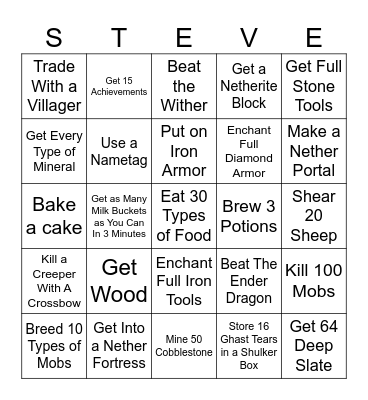 Minecraft BINGO! #Steve Bingo Card