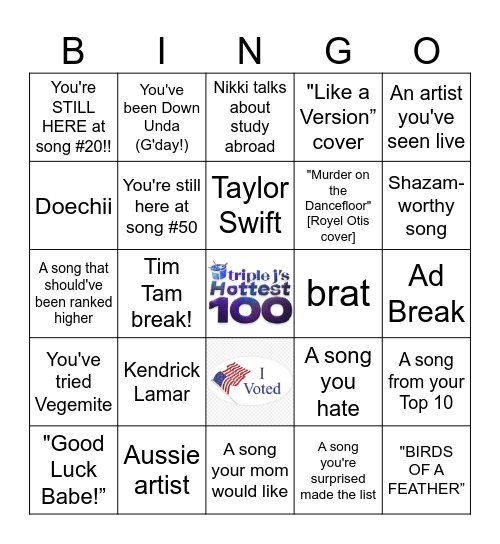 2024 TRIPLE J’s HOTTEST 100 Bingo Card