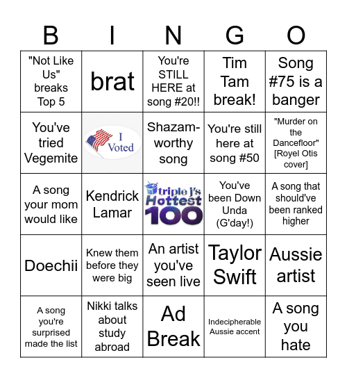2024 TRIPLE J’s HOTTEST 100 Bingo Card