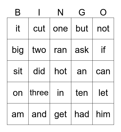 Kindergarten Words Bingo Card
