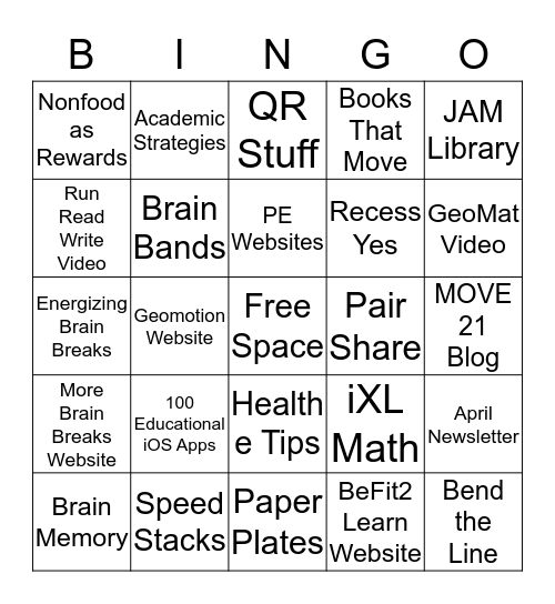 BeFit2Learn Bingo - Health/PE/PA Bingo Card