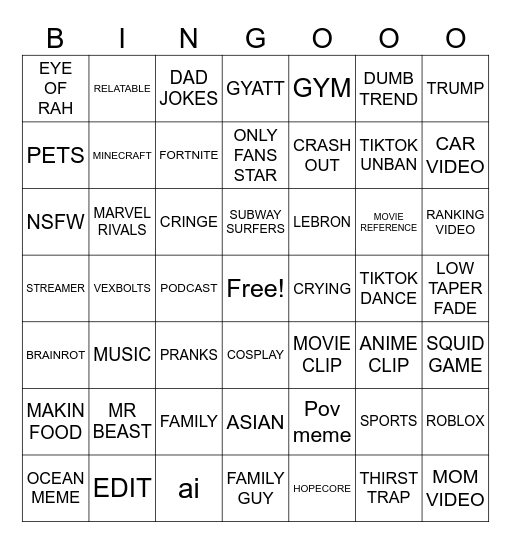 TikTok bingo Card