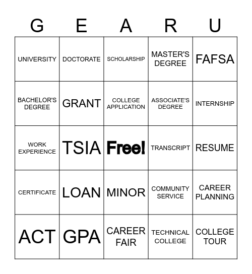 College & Career Bingo Card