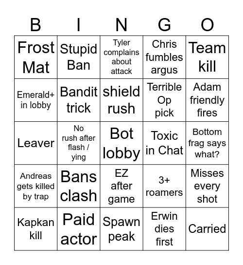 Bronze bingo Card