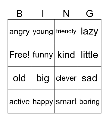 pet adjectives Bingo Card