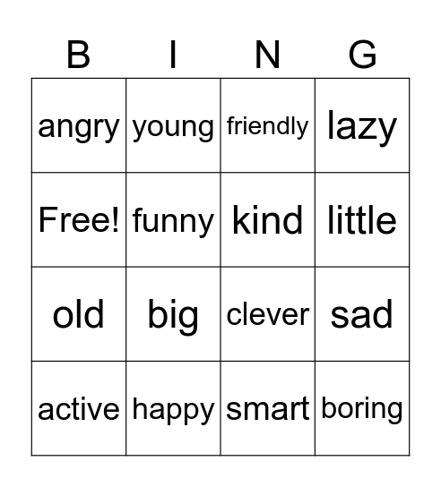 pet adjectives Bingo Card