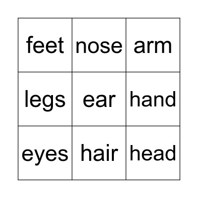 Body Parts Bingo Card