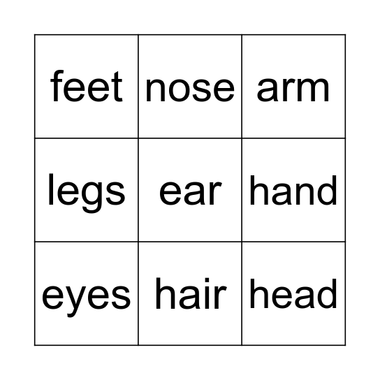 Body Parts Bingo Card