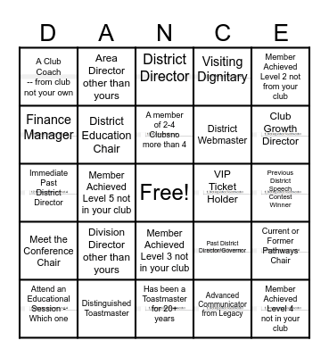 District 84 - First Timers Dance Card Bingo Card