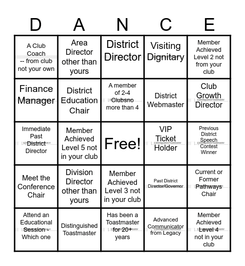 District 84 - First Timers Dance Card Bingo Card