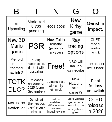 Nintendo Switch 2 Bingo Card