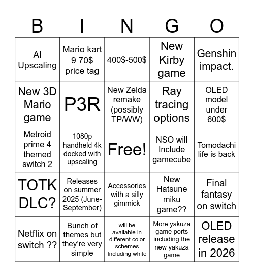 Nintendo Switch 2 Bingo Card