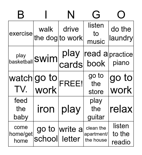 Different Activities Bingo Card