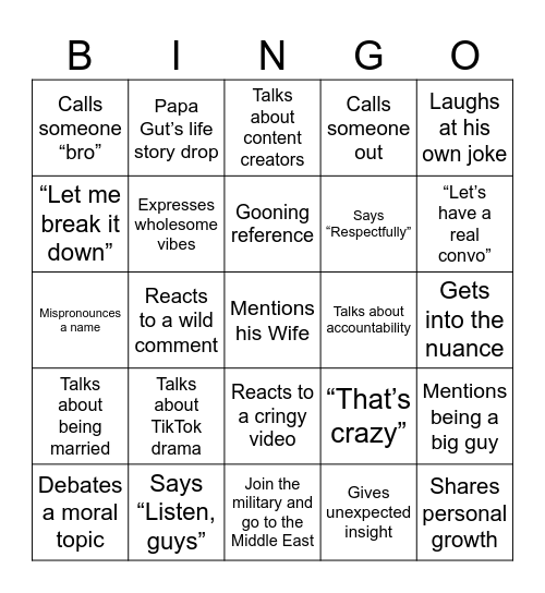 Papa Gut Bingo Card Bingo Card