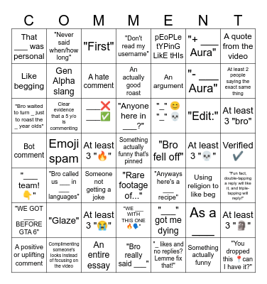 Comment Section Bingo Card