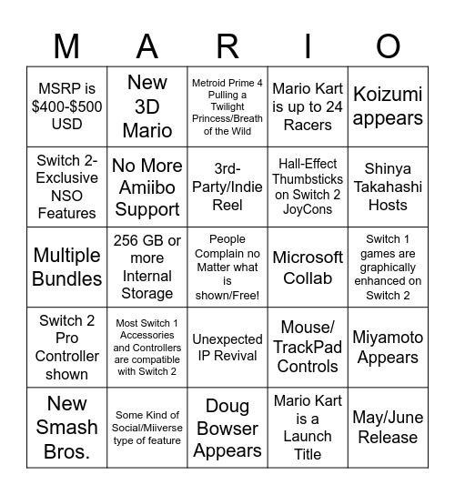 Nintendo Switch 2 Direct 4/2/25 Bingo Card