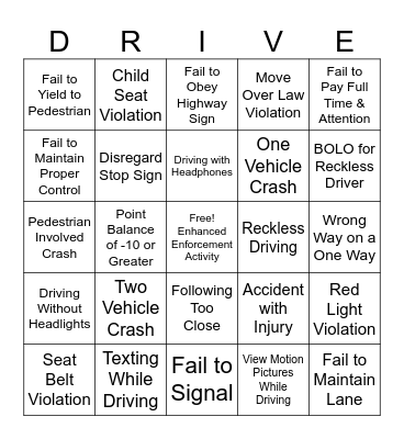 Distracted Driving Awareness Bingo Card