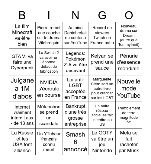 Bingo année 2k25 Bingo Card