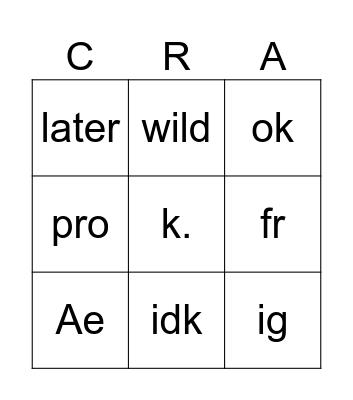 Words that crak may say Bingo Card