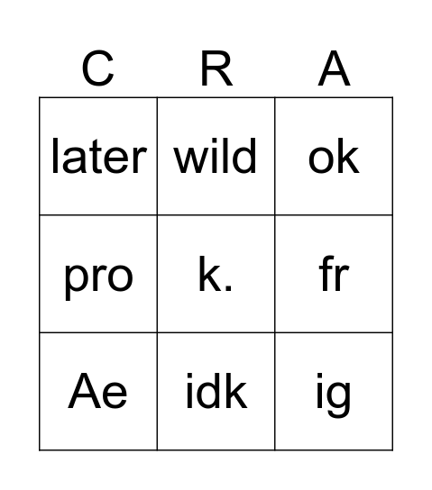 Words that crak may say Bingo Card