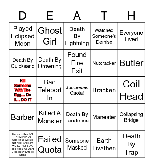 Lethal Company BINGO Card