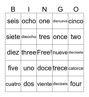 Spanish Number Bingo Card