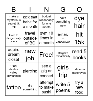 2025 Bingo Bucket List Bingo Card