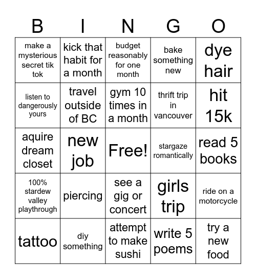 2025 Bingo Bucket List Bingo Card