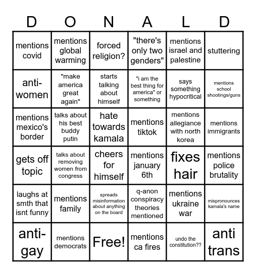 Trump's stupidity bingo Card