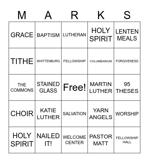 St. Mark's BINGO Card