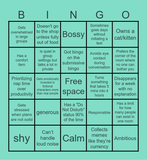 Your Personality Bingo Card