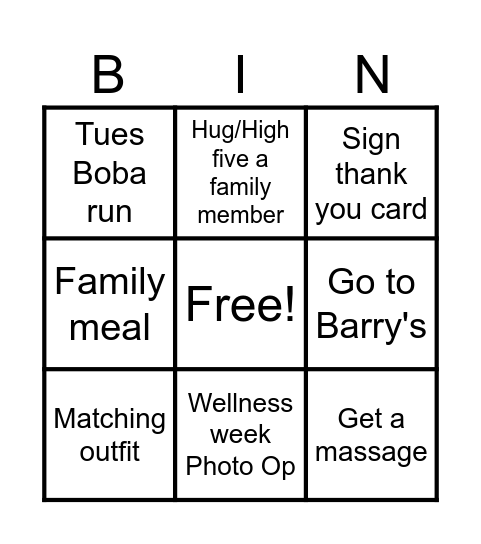 Wellness Week Bingo (2+ members) Bingo Card