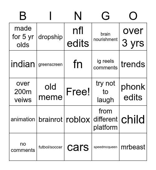 yt shorts Bingo Card