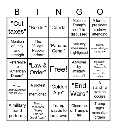 Trump Inauguration Bingo Card