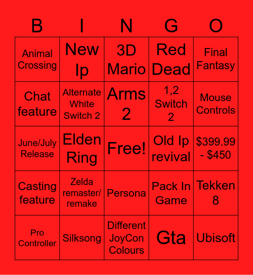 Switch 2 Bingo Card