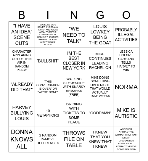 Average Suits Episode Bingo Card