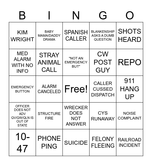 DISPATCH Bingo Card