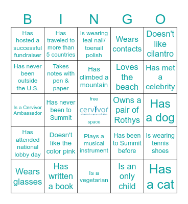 Cervical Cancer Summit Bingo Card