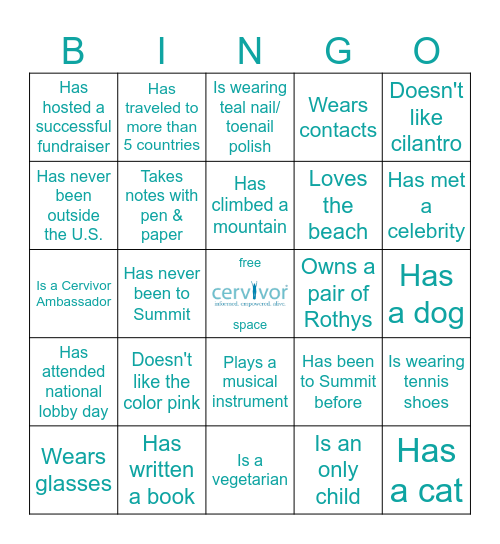 Cervical Cancer Summit Bingo Card